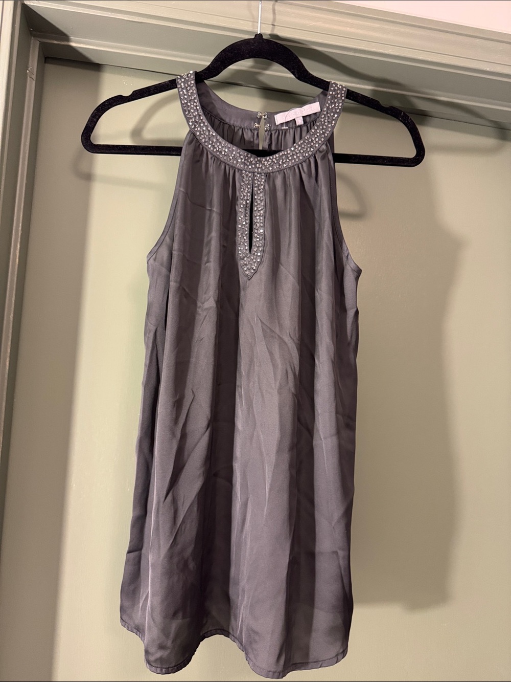 Embellished Halter Neck Sleeveless Top - Charcoal Gray